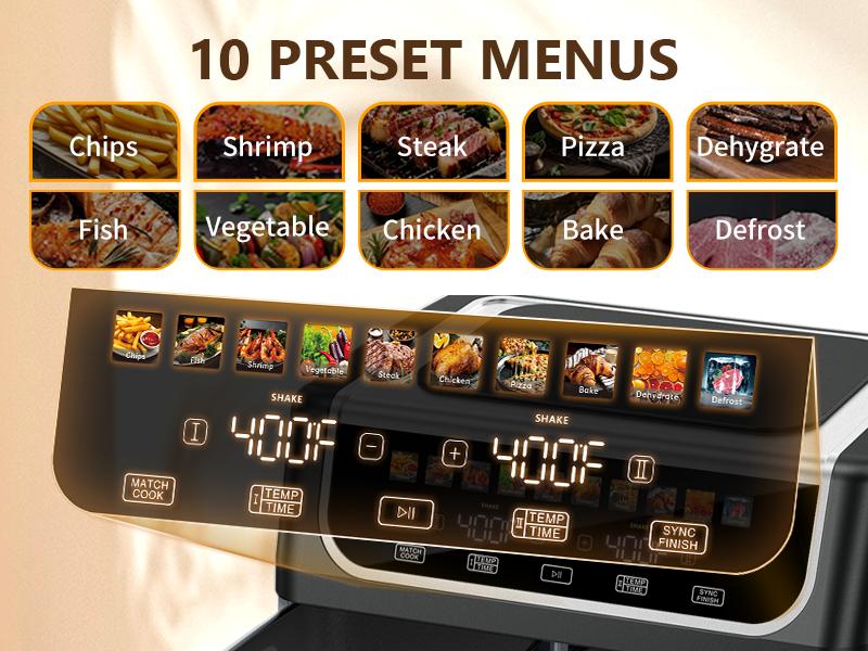 9QT Dual Basket Air Fryer, 2 Independent 4.5Qt Baskets with Sync Finish & Hi-Fry, Double Digital Oven with Easy-View Windows, Nonstick Dishwasher-Safe, Auto Shutoff - Black