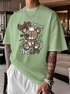 Men's Loose Patchwork Teddy Bear Pattern T-Shirt, Street Style Short Sleeve, Smile Face Life Print, Casual Hip-Hop Top, Streetwear, Casual Street Comfy