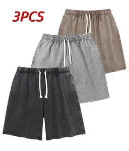 3-Pack 260G Mens Shorts Athletic Vintage Short Washed Shorts Cotton Elastic Waist Streetwear Athletic Sweat Shorts Acid Washed Cotton Elastic Waist Drawstring Gym Workout Jogger Pants with Pocketsr