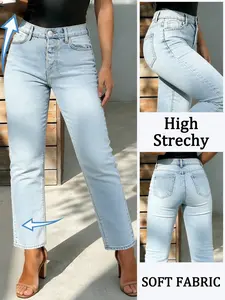 Spring Summer High Waist Elastic Women's Denim Jeans Womenswear Light Blue Casual Commuter Vacation Versatile Straight Leg Pants