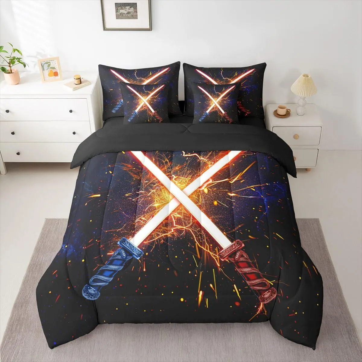 Lightsaber Bedding Set 7 Pieces Kids Future Technology Style Bedding Set for Boys Girls Teens Galaxy Comforter Set Bed in a Bag （Comforter,Sheets,Pillowcases & Cushion Covers）