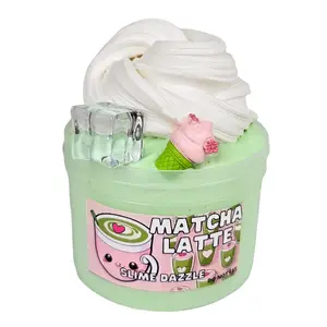 Matcha Latte DIY Butter Slime – Green Tea Matcha Vanilla Scented Slime with Clay Cream Swirl, Ice Cube & Charm – Beginner Friendly, Inflatable & Non-Sticky