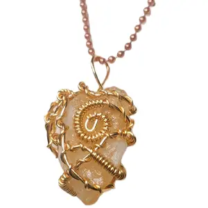Citrine Necklace Wrapped in Gold Copper with Intricate Wirework and Copper Beaded Chain for Elegant Jewelry