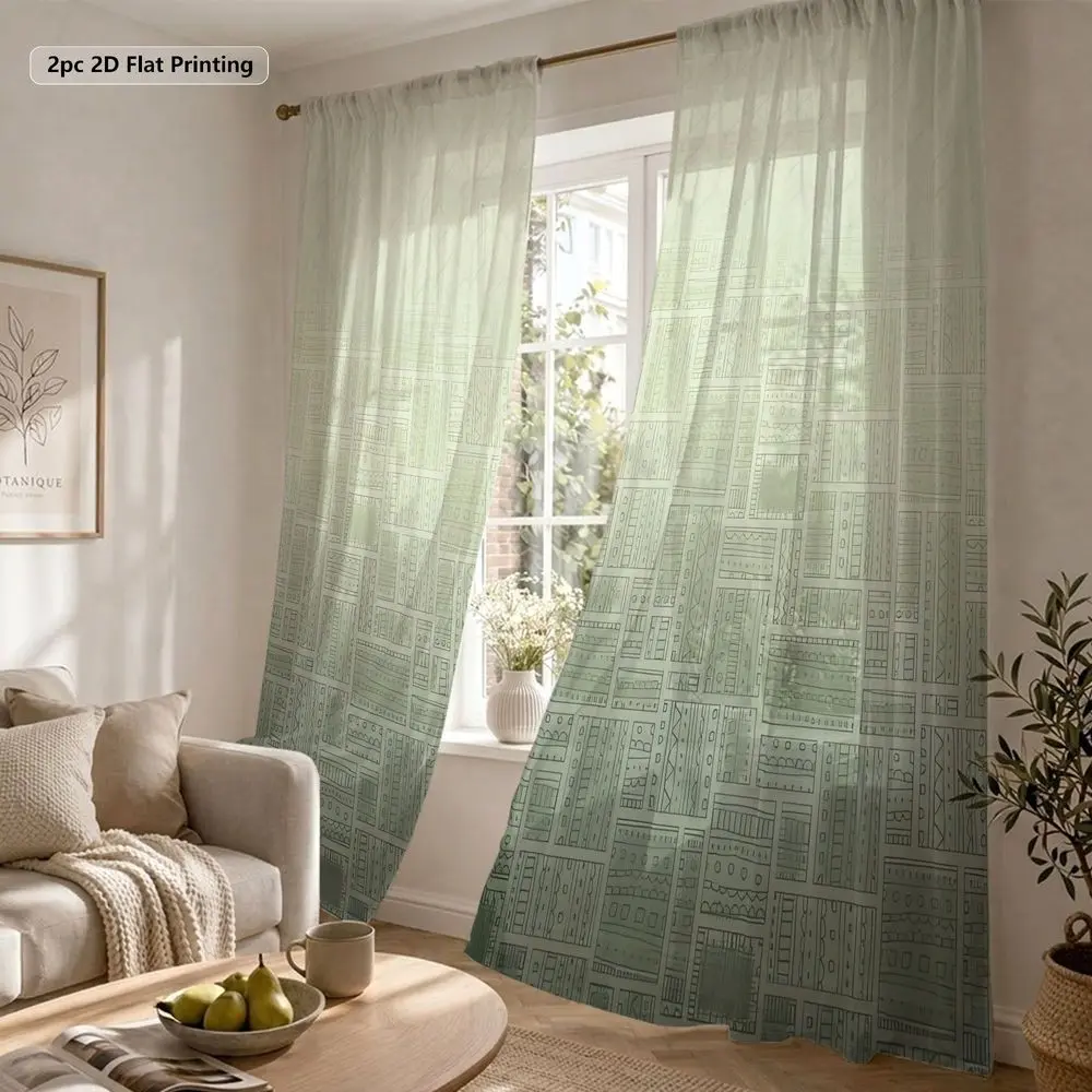 2pcs Gradient Geometric Sheer Curtains, Ornate 2D Print Semi-Transparent Drapes for Privacy, Textured Polyester Light Filtering Rod Pocket Panels for Home Decor