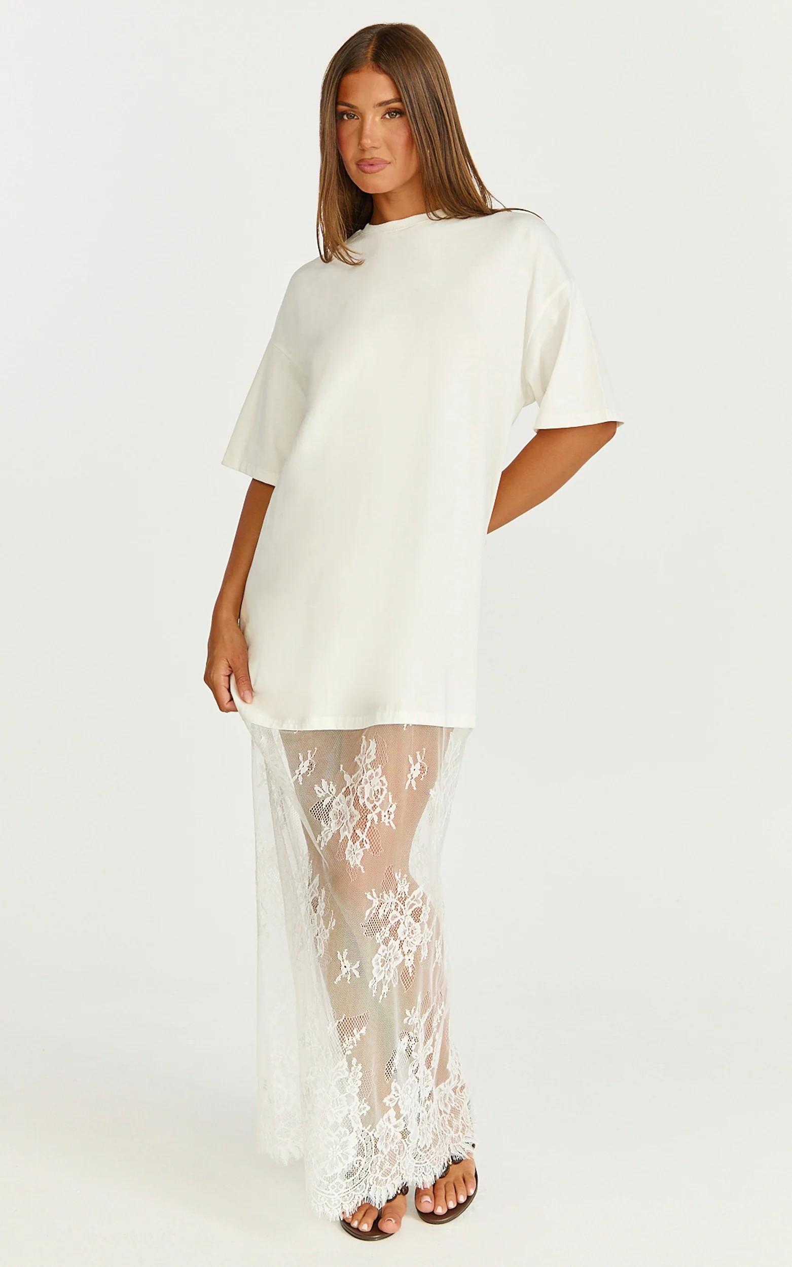 Mntaor Women's Oversized T-Shirt Maxi Dress with Sheer Lace Hem Drop Shoulder Short Sleeve Perfect for Street Style Mntaor Women's Oversized T-Shirt Maxi Dress with Sheer Lace Hem Drop Shoulder Short Sleeve Perfect for Street Style