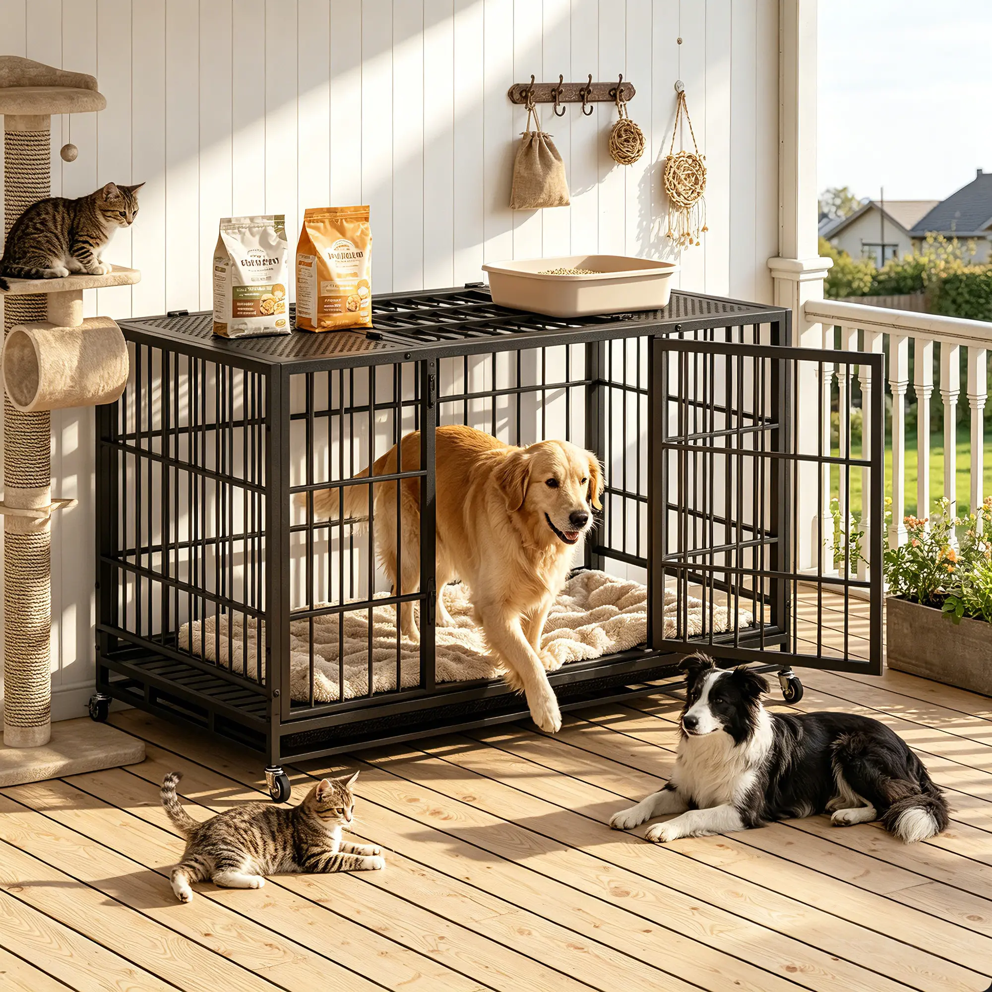 Mobile Heavy-Duty Dog Kennel | Lockable Wheels, Secure Rotary Latch, Ventilated Metal Crate for Indoor & Outdoor Use