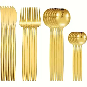 Stainless Steel Golden Cutlery Set - 24 Pieces with Mirror Flatware, Dinning Kitchen & Dining Tableware