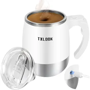 Rechargeable Automatic Magnetic Self Stirring Coffee Mug 400ml White with Transparent Lid Stainless Steel Liner Plastic Shell Perfect for Home Office Gym School