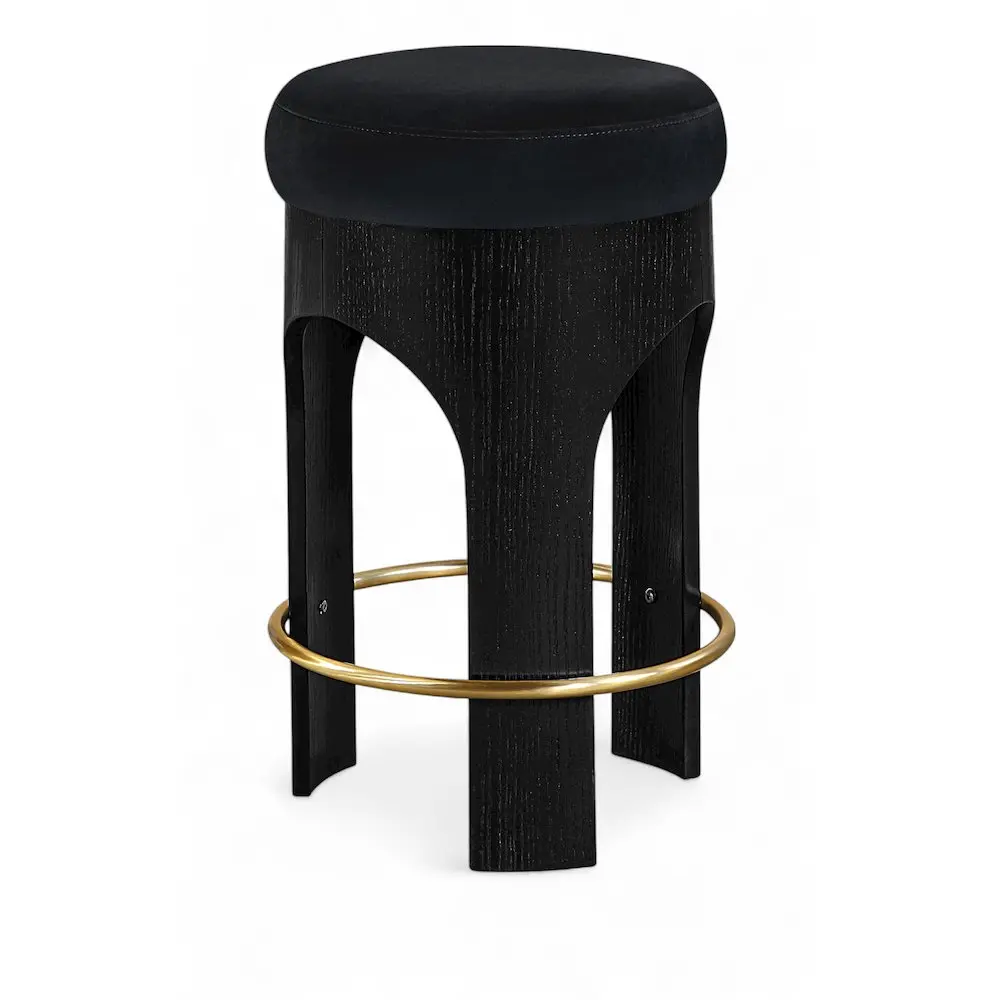Bocceli Contemporary Black Velvet Upholstered Single-Person Round Bar Chair - Armless, Plush Seat, Stained-Brushed Indoor Counter Stool