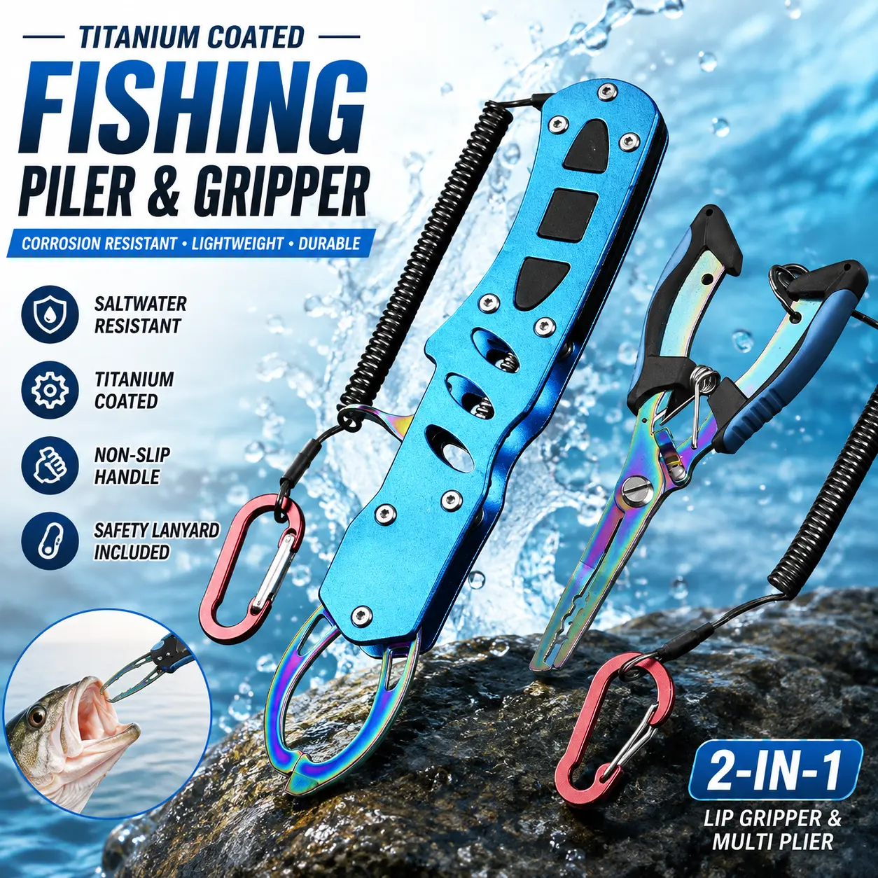 2-in-1 Compact Heavy-Duty Fishing Lip Gripper & Multifunction Pliers - Rainbow Titanium Coated, Equipped with Braid Cutter for Freshwater, Saltwater Anglers