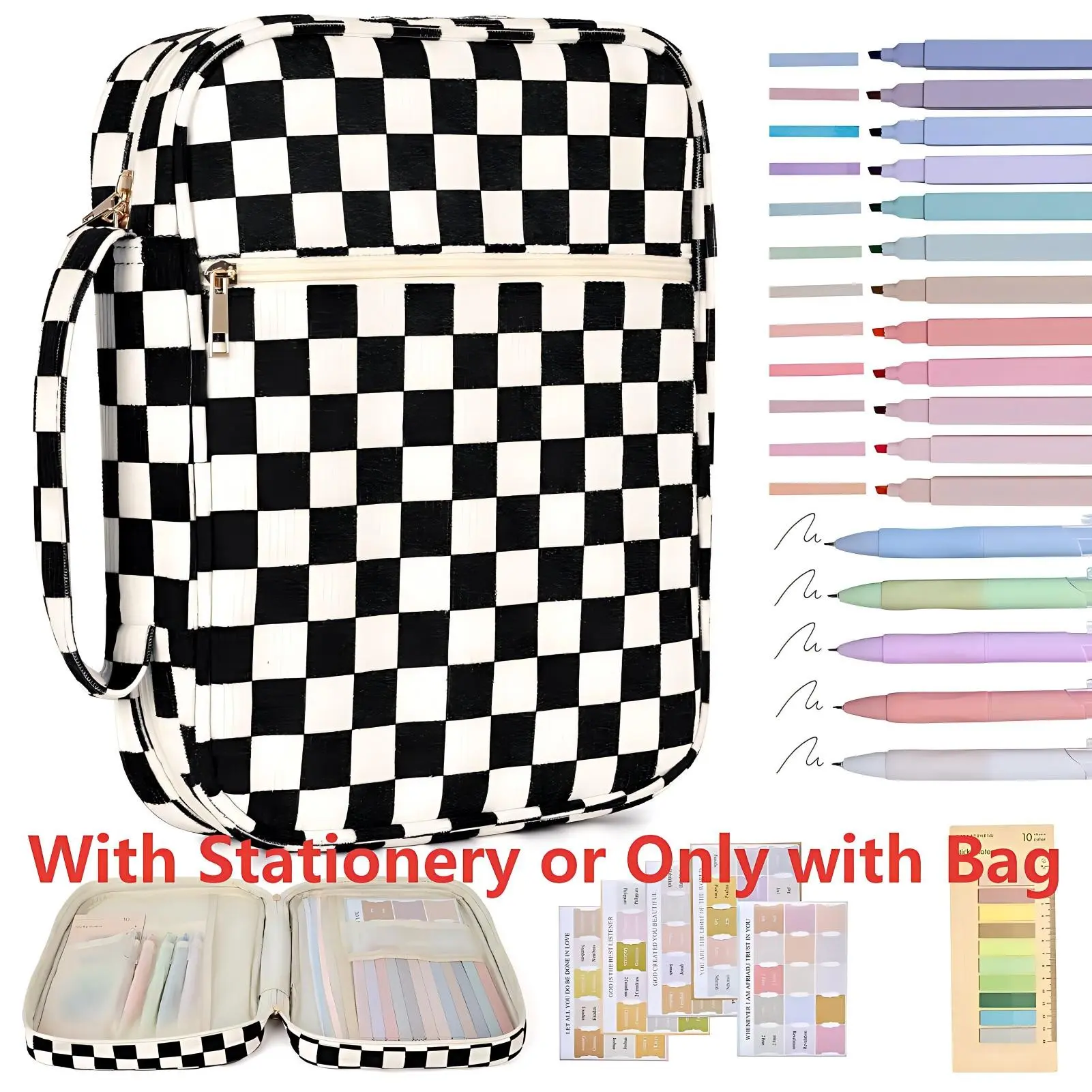 Bible Cover Case for Women Corduroy Bible Case for Girls Checkered Large Bible Cover with Handle Bible Study Supplies Accessories Organizers Stationery Christian Gifts for Women (Black, Medium)