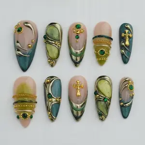 Handmade 3D Gold Charm Press On Nails, Magical Princess Nail Art