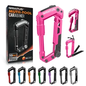 Multitool Carabiner with Pocket Knives, EDC Carabiners, Folding Serrated Knife, Can Bottle Opener, Rope Cutter, Screwdriver, Keychain Knife for Camping Hiking, Gifts for Women/Men (Pink)