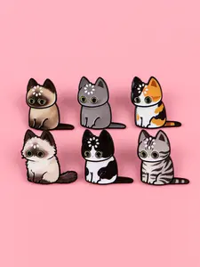 6pcs/set Cute Thinking Cat Badges, Cartoon Animal Design Pins, Unisex Elegant Fashion Accessories, Perfect Gift for Family and Friends