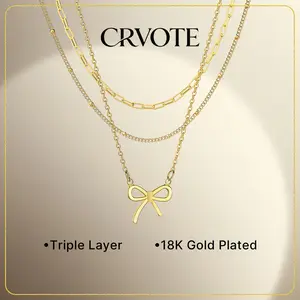 Triple Layer Necklace with Bow Pendant, 18K Gold Perfect Gift for Women