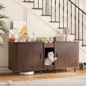[SummerVibes] Vabches Double Litter Box Enclosure for 2 Cats, 55" Litter Box Furniture Hidden with Cat Scratch Pad, Large Indoor Cat House with Double Room, Wooden Litter Box Cabinet, TV Stand, Walnut
