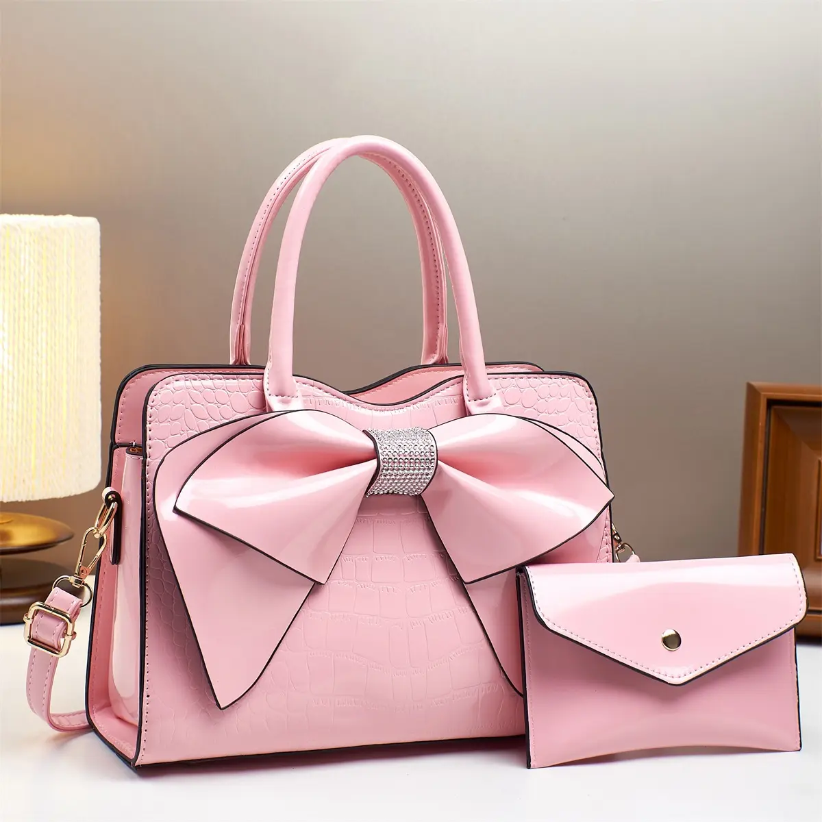 Elegant Tote Bag Set For Women Bow Deco Leather Large Capacity Crocodile Texture Lady Designed Handbags Set for Women Party Business Office OL Daily Outfitt  For Party Business Office OL Daily Outfit