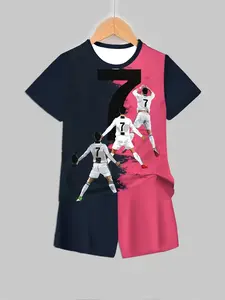 Boys Cr7 Dual-Sided Battle Costume, Legend Silhouette Theme Trendy T-Shirt, Blue Block Design, C Ronaldo No.7 Dynamic Silhouette, Graphic Fashion Tee