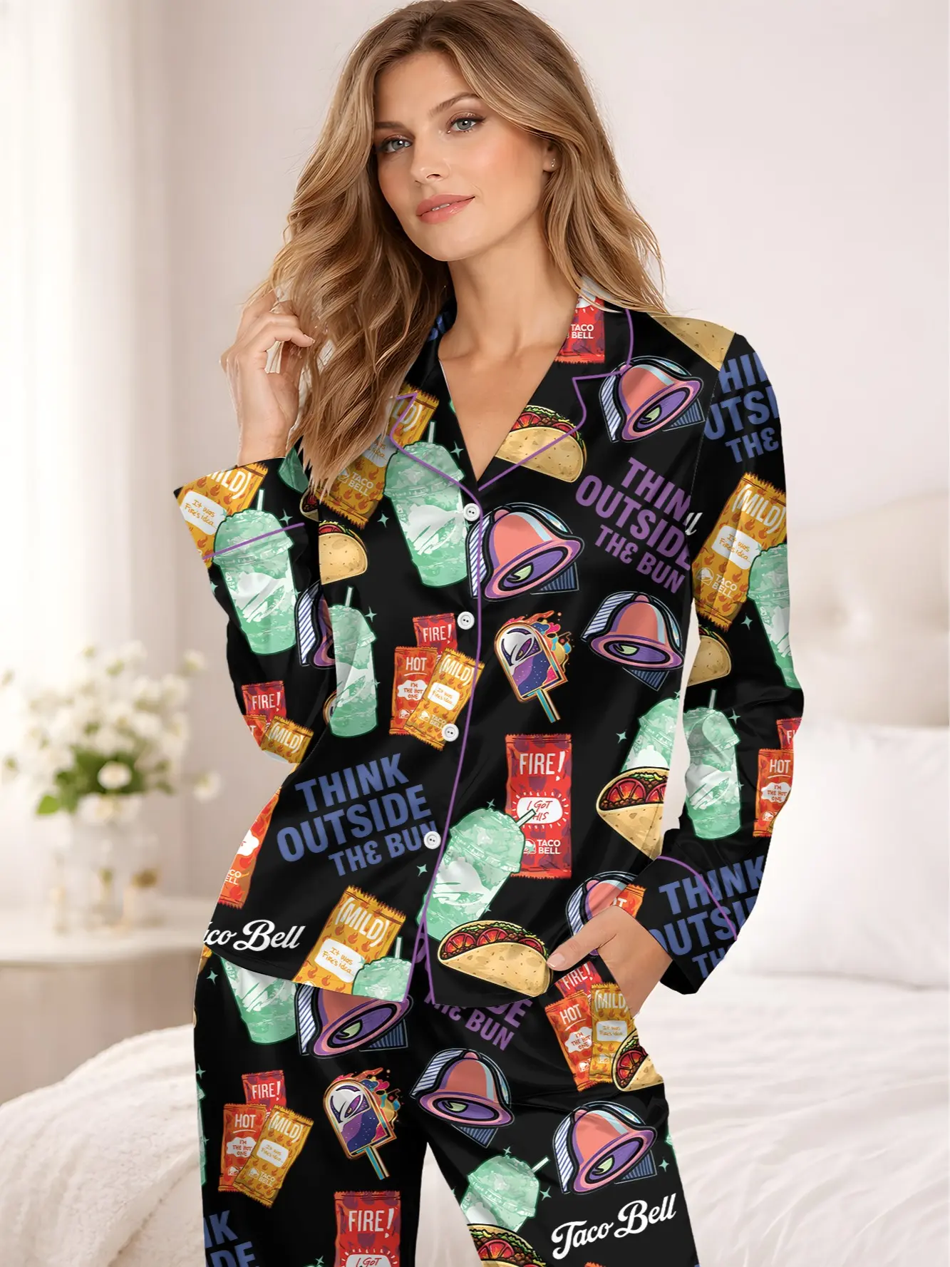 Women's Funny Taco Print Pajama Set, 2-Piece Silky Satin Loungewear with Lapel Collar, Adjustable Drawstring & Pockets, Pocket, Fabric