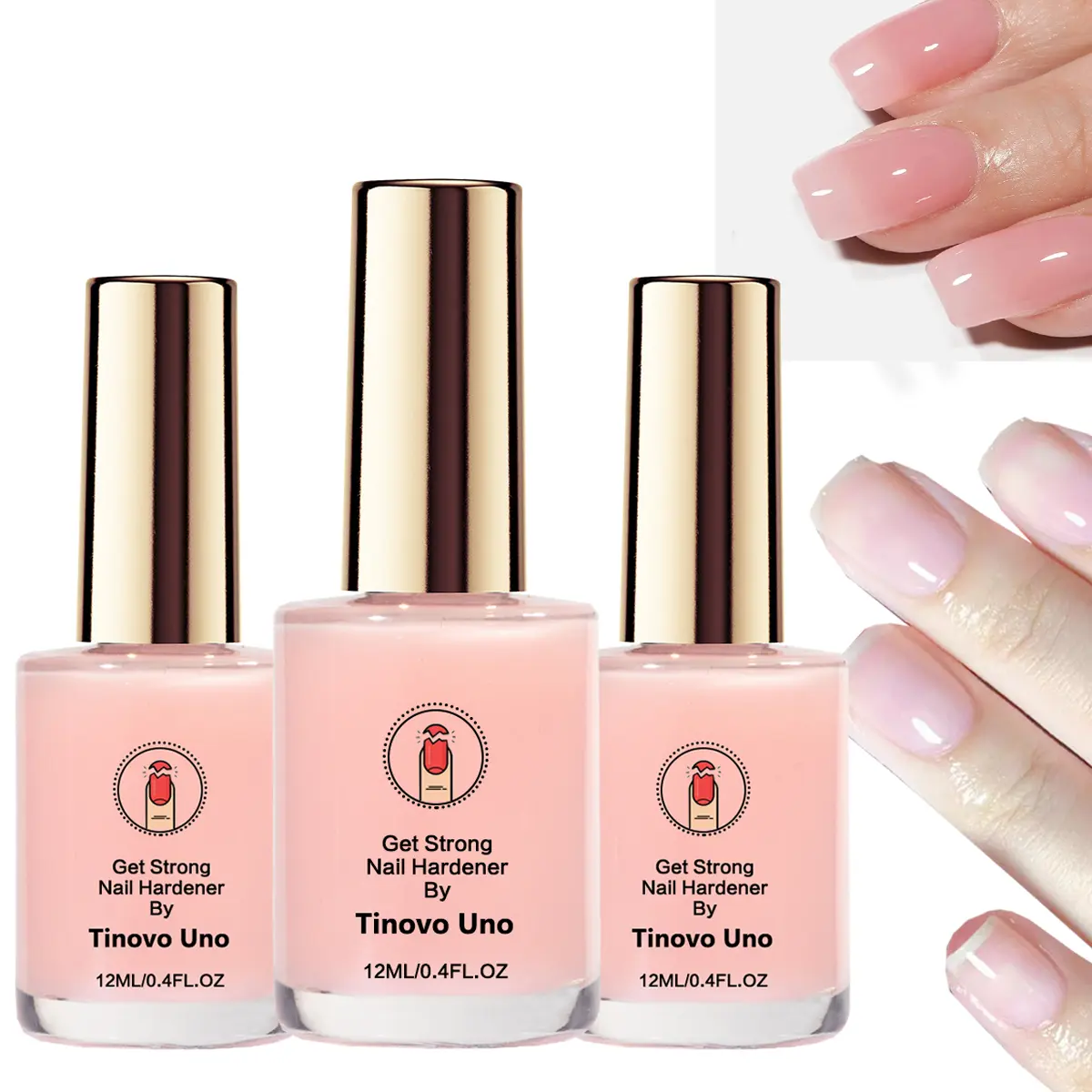 Tinovo Uno Nail Strengthener & Hardener with Keratin, Luminous Sheer Pink Tint for Peeling Fix - Non-Toxic Beauty Products (3 Pack, 12ml)