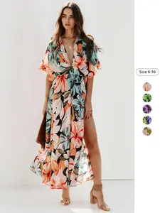 Women's Floral Print Deep V Neck Split Hem Maxi Dress, Casual Elegant Fashion Long Dress for Daily Outdoor Wear, Ladies Dress for Summer Tropical, Bohemian Romantic Dress
