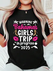Bahamas Girls Trip In Progress 2025 Vacation Bahamas Travel T-S Print T-Shirt Casual Crew Neck Short Sleeve Comfort Tee Top For Spring & Summer Women's Clothing