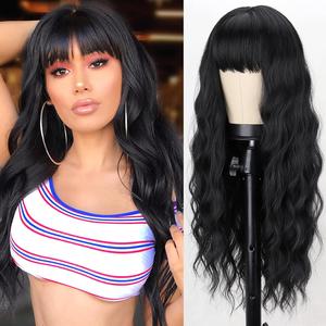 Missqueen Long Black Wig with Bangs, 26 Inch Women's Synthetic Wavy Bangs Black Wig, Women's Long Curly Heat Resistant Black Wig, Cosplay Selena Black Wig summerwins