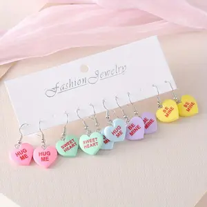 5 Pairs Vintage Valentine's Day Candy Heart Drop & Dangle Earrings for Women, Resin Macaron Color Simple Cute Earrings, Stainless Steel Ear Needle, No Plating, Ideal for Daily Wear and Holiday Celebrations
