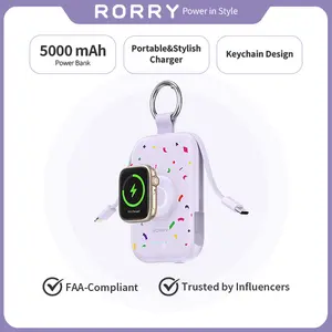 RORRY Confetti Power Bank 5000mAh Travel Charger with Built-in Cables Keychain Design for Apple Watch Series iPhone 17-12 USB Type-C Portable Charger Compact Perfect Gift with Safety Features