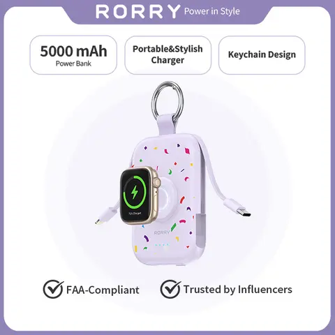 RORRY CharmGo 5000mAh Portable Power Bank with Built-in Cables & Keychain – Safe Fast Charging for iPhone 18-8 & Apple Watch – Giftidea & Travel Essential techvibes