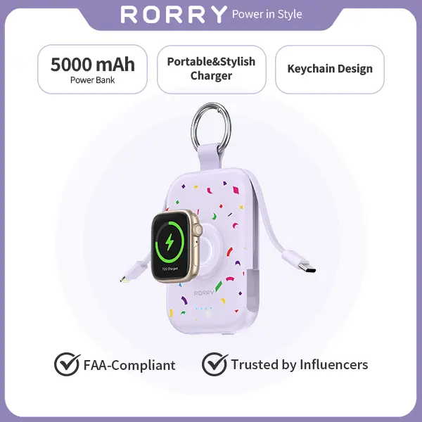 RORRY CharmGo 5000mAh Portable Power Bank with Built-in Cables & Keychain – Safe Fast Charging for iPhone 18-8 & Apple Watch – Giftidea & Travel Essential techvibes
