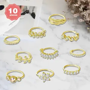 10pcs Nose Ring Hoop Paved Flower Leaf Feather Cartilage Earrings, Body Piercing for Nose Ear Golden, Beauty Nose Rings, Cute Cartilage Helix Earrings Hoop, Stainless Steel Nose Rings Hoop for Women Men