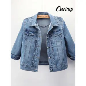 Women'S Vintage Stretch Denim Jacket - Light Blue, 3/4 Sleeve, Casual Style with Frilled Hem, Button-Up Front, Spring/Fall Outerwear, Casual Outerwear | Vintage Style Jacket | Frilled Hem Jacket