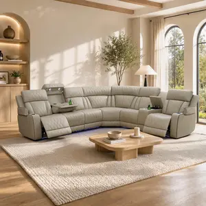 Aainehome Beige Power Reclining Leather Sofa Set 3-Piece Living Room Ensemble with LED Red Breathing Leather Comfortable & Stylish Design
