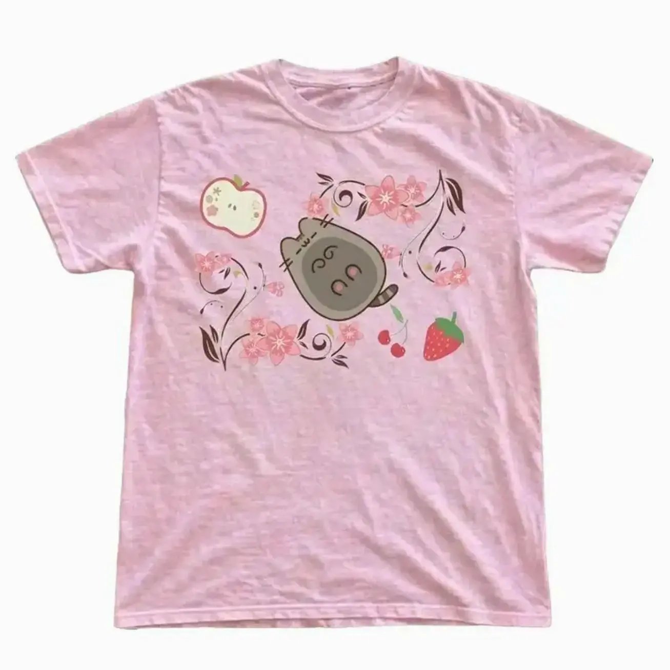 Vintage Pusheen Pink Cat T-Shirt, Cute Cherry Blossom Fruit Graphic Tee, Japanese Style Pastel Aesthetic Gift Shirt, Gildan Unisex Comfort Fit A756