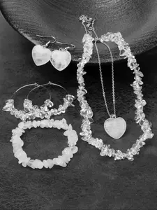 Heart Shaped Natural Crystal Jewelry Set, 7 Counts Jewelry Set Including Heart Pendant Necklaces & Dangle & Hoop Earrings & Bracelet, Fashion Jewelry Accessories for Women & Girls
