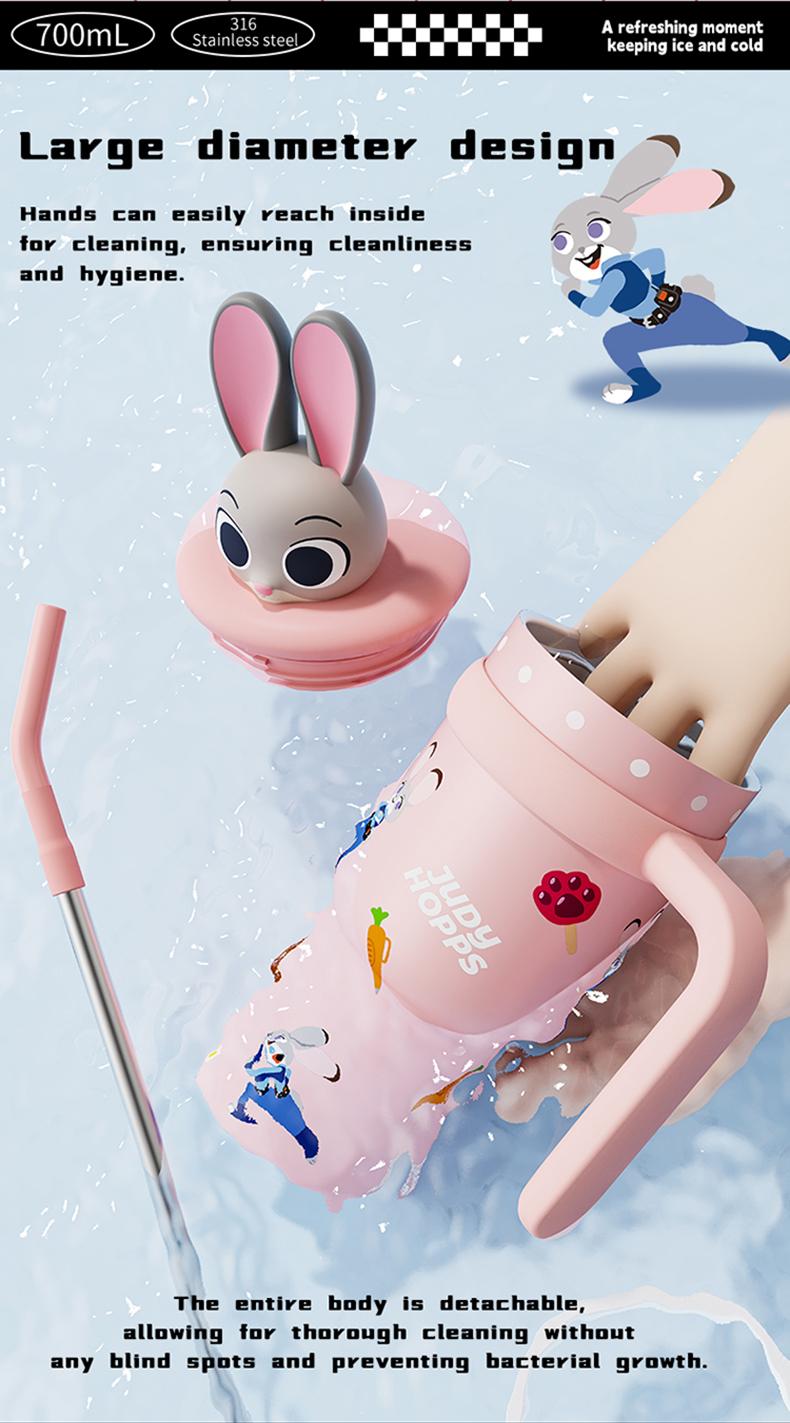 Disney Series Large Capacity lce King Cup Zootopia Strawberry Bear Stitch Design Insulated Tumbler Straw Cup Bottle with Handle Portable Holiday Halloween Christmas Ideal Gift for Kids Students Office Coffee Drinks Storage Valentine Gift for Girlfriends