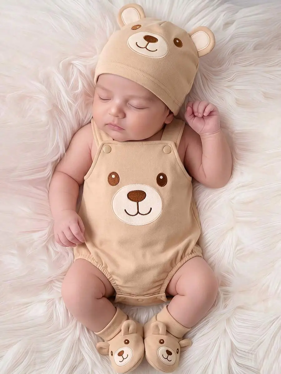 ROSY x  Maillard Style Brown Bear Bodysuit Set, Includes Overalls, Matching Hat, And Shoes - 3 Pieces Set, Cupid Pick, Soft & Cute Outfit For Newborn Photo Shoot, 100 Days, 1st Birthday