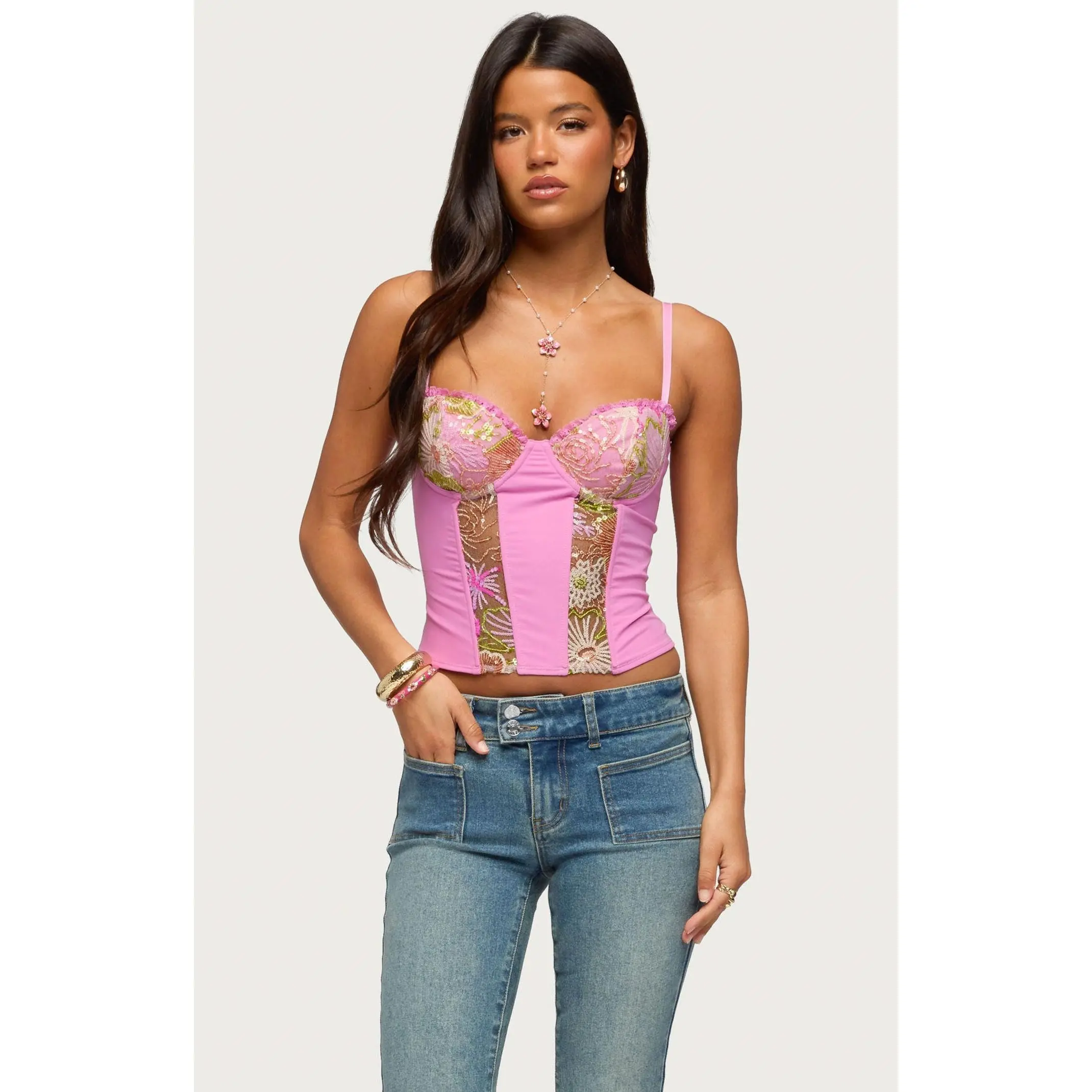 Edikted Women's Inka Floral Sequin Bead Cupped Corset