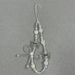 Retro phone lanyard with white heart-shaped bow universal phone case, new CCD camera pendant keychain, Cell Phone Charm