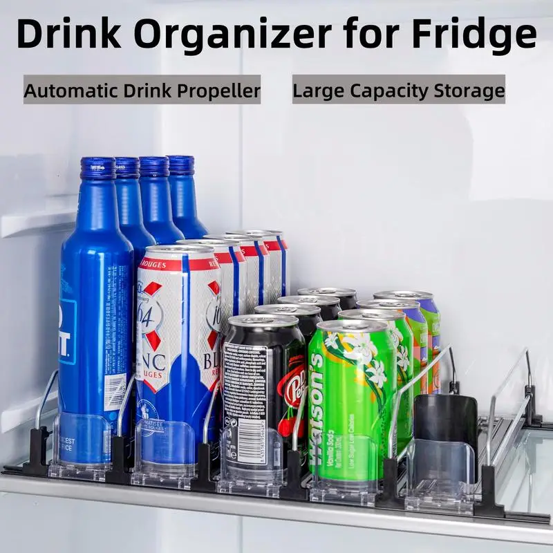 Drink Organizer for Fridge, Self-Pushing Soda Can Dispenser for Refrigerator, Width Adjustable Water Bottle Pusher Glide, Black, 10 Rows Racks