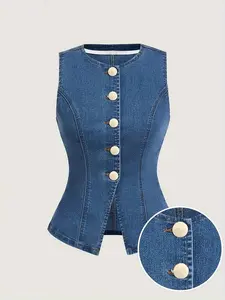 Elegant Lightweight Slim Fit Sleeveless Women's Denim High Stretch Jean Jacket Button, Stylish Casual Wear for All Seasons