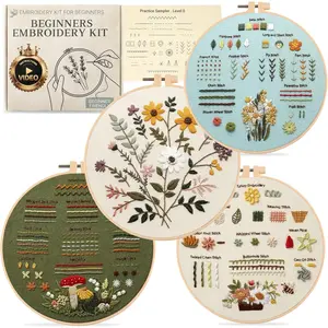 Embroidery Kit for Beginners Adults with Level 0 Practice Sampler, 5 Pre-Printed Patterns & Video Tutorials with 7.8" Hoop, Learn 30+ Stitches, DIY Needlework Craft Gift for Women