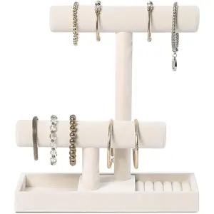 Multi-Functional 2 Tier  Holder,Necklace Bracelet Holder with Earrings Rings Tray, Organizer Stand for Scrunchie Watches(Beige )