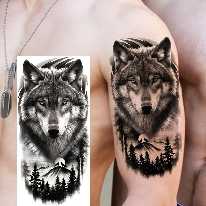 Realistic Shape Temporary Sticker Tattoos - 6 Pack (2 Fixed Wolf Moon Art, 4 Random Designs) - Waterproof, Cut-Wet-Peel Off Butterfly Body Art for Adults - Usable on Normal, Glass Surfaces, Arm, Thigh