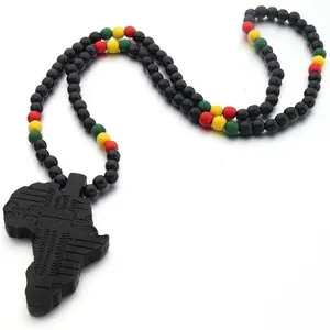 Colorful Bling Hip-Hop African Map Pendant Necklace For Men And Women, Egyptian Multicolor 8mm Wooden Bead Chain, Natural Wood African Jewelry, Africa Necklace