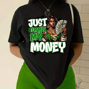 100% Cotton Women'S "Just Gimme My Money" Graphic Tee - Relaxed Crew Neck Short Sleeve Tee, White With Bold Green Lettering, Cotton , Machine Washable, All Season Comfort Fit, All Season Tops |   Fashion Statement |   Comfo Golf Gift T-Shirt For Men And W