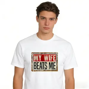 Cotton Short Sleeve T-Shirt Funny My Wife Beats Me Shirt, American Flag Husband and Wife Shirts, Husband Shirt for Men, Father's Day Gift, Menswear Classic Casual Fabric Alternative Collar Streetwear Knit