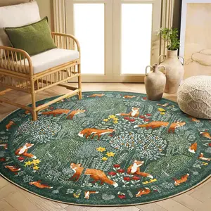 Fox Pattern Round Rug, 1 Count Non-slip Washable Floor Mat, Decorative Carpet for Home Living Room Bedroom Kitchen Study Room, Home Decor Rugs