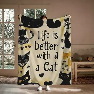 Life Is Better With A Cat Flannel Throw Blanket, Soft Cozy Cat Lover Print Blanket, Warm Pet Home Decor for Sofa Bed, Perfect Gift for Cat Moms